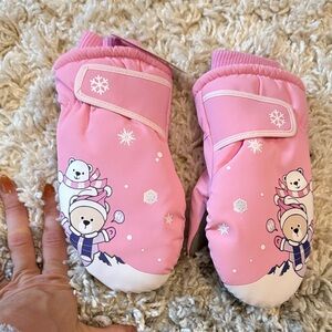 Pink Bear Print Kids Mittens